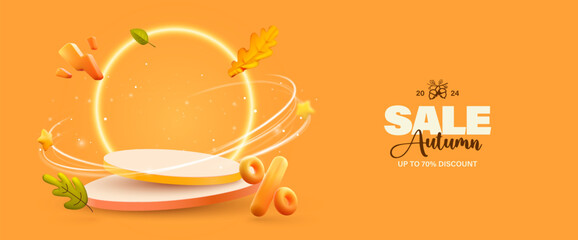 Autumn sale podium with falling leaves and discount tags with neon effect. Fall sale advertising banner. Thanksgiving or seasonal marketing materials. Vector illustration on orange background.