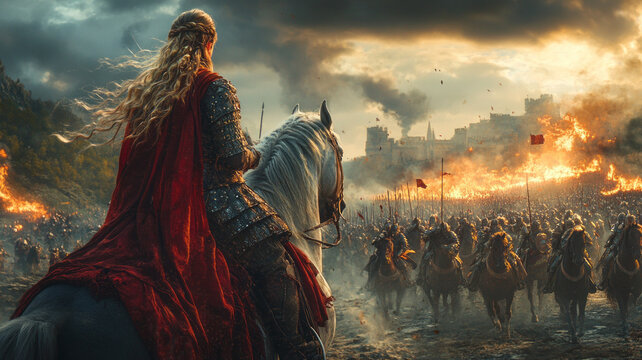 Warrior princess on armored horse, spear ready, amidst chaotic battle.generative ai