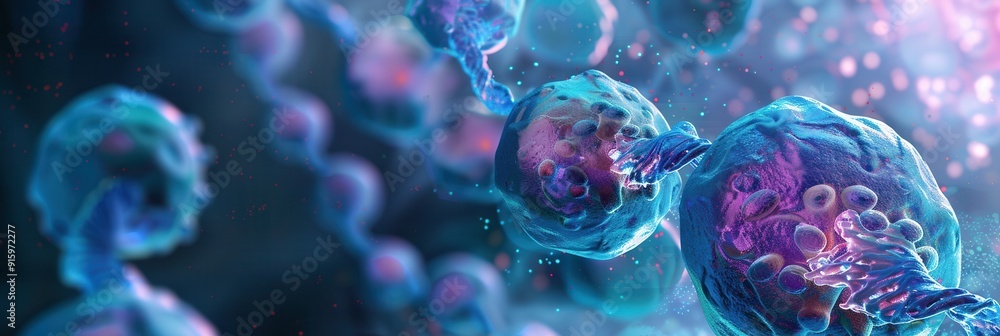Poster explore an intricate cellular landscape featuring visible nuclei and dna strands interwoven within d