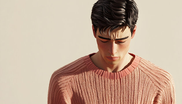 Illustration of a sad, stressed, and disappointed young man wearing a shirt and sweater, presented in 3D style on a light background. Emotional human expression concept