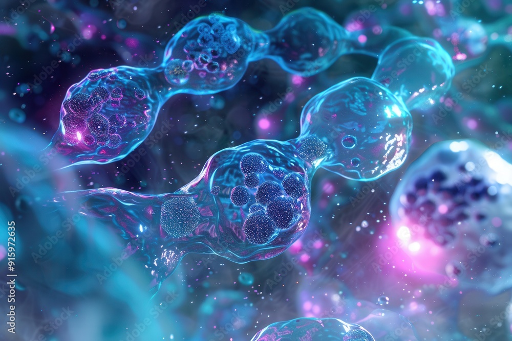 Poster a detailed view showcases cellular structures with distinct nuclei and spiraling dna strands, highli
