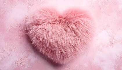 Illustration of a fluffy pink fur heart with a soft texture on a cotton candy-colored minimal background