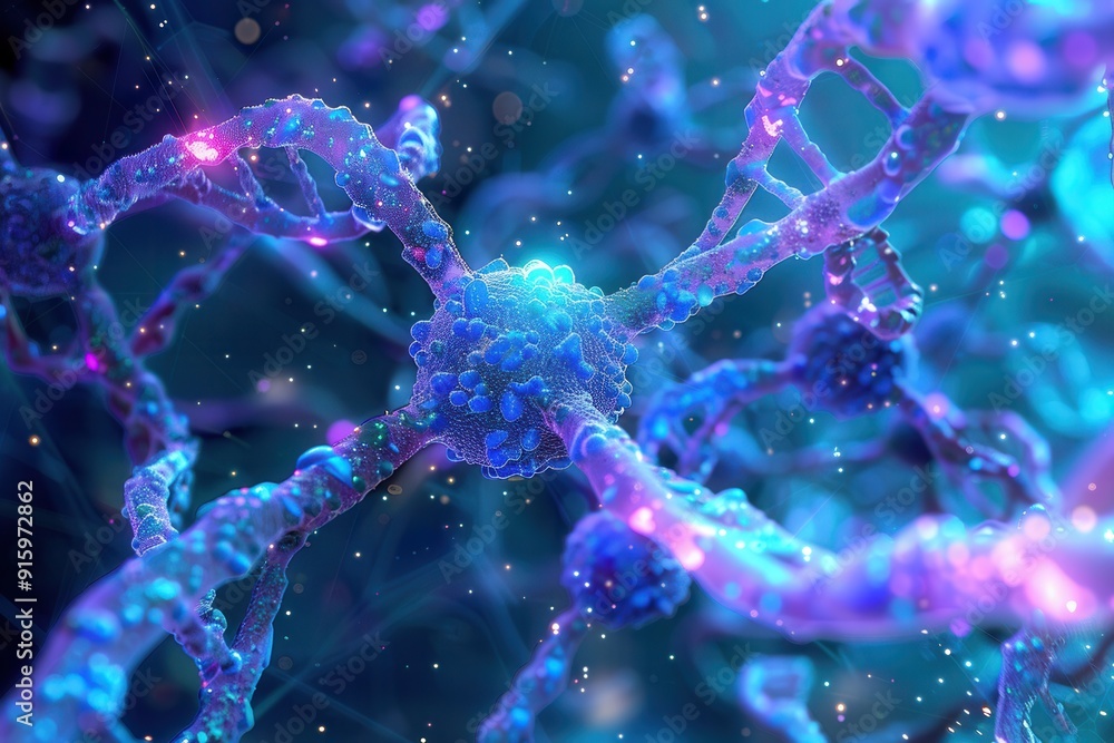 Poster a detailed close-up reveals cellular structures, highlighting nuclei and intertwined dna strands, em