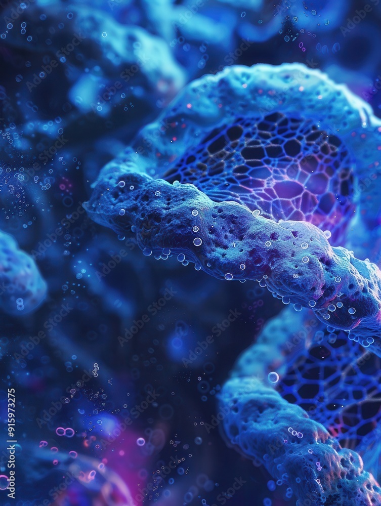 Poster a close-up view reveals cellular structure with visible nuclei and intricate dna strands set against