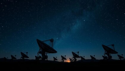 Naklejka premium A network of large satellite dishes silhouetted against the night sky, antennas pointed toward stars, transmitting and receiving data from space. 