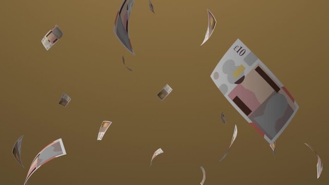 Ten pounds, fluttering cascade falling simplified banknotes, cash money, loop with luma mattes, British UK currency