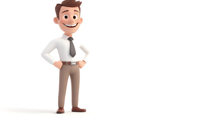 Fototapeta premium Illustration of a happy 3D cartoon office worker, a smiling man standing confidently on a white background