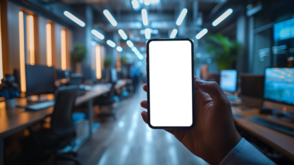 A hand holding a smartphone with a blank screen and copy space in a sleek, modern office, with blurred workstations in the background.
