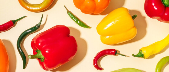 Different fresh peppers on white background