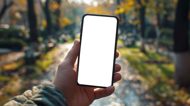 A hand holding a smartphone with a blank screen offering copy space in a serene autumn park with sunlight filtering through trees. - Powered by Adobe