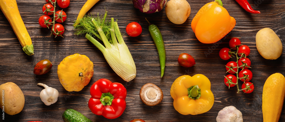 Wall mural flat lay composition with fresh vegetables on wooden background