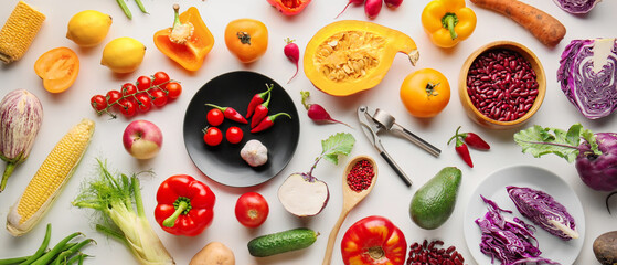 Different vegetables on white background, flat lay