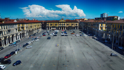 Aerial view of cars parked in Garibaldi place, Alexandria, Piedmont, Italy