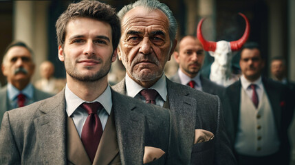 Father and son wearing suit, a pact with the devil, across generations of family, family business and family inheritance, descendants inherit, the devil, evil as satan, corrupt and global elite as con