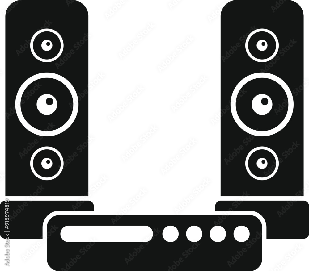 Sticker Black glyph icon of a home cinema system playing music with two big loudspeakers