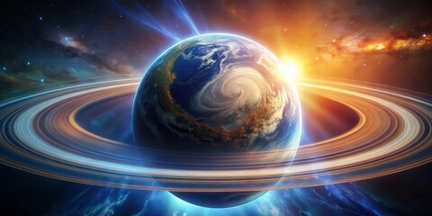 Obraz premium Planet forming from swirling disk of earth, radiating glowing rays , planet formation, swirling disk, earth, glowing rays