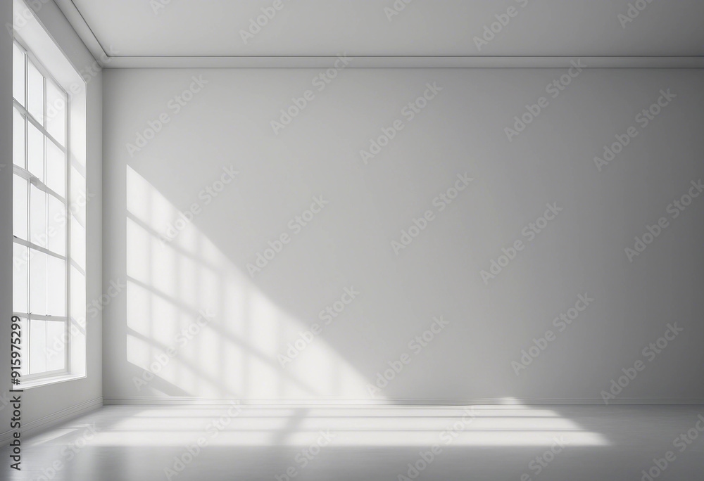 Poster empty room wall white background for product presentation with shadow and light from windows in the