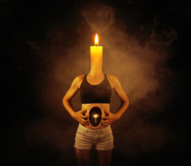 Conceptual woman with a lit candle instead of a head and an illuminated lightbulb shattering in her stomach