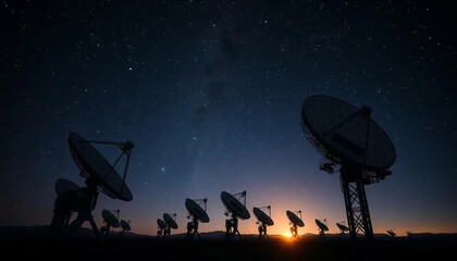 A network of large satellite dishes silhouetted against the night sky, antennas pointed toward stars, transmitting and receiving data from space. 