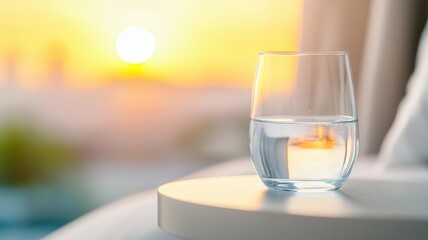 Obraz premium Glass of water on a bedside table, early morning, refreshing, daily start