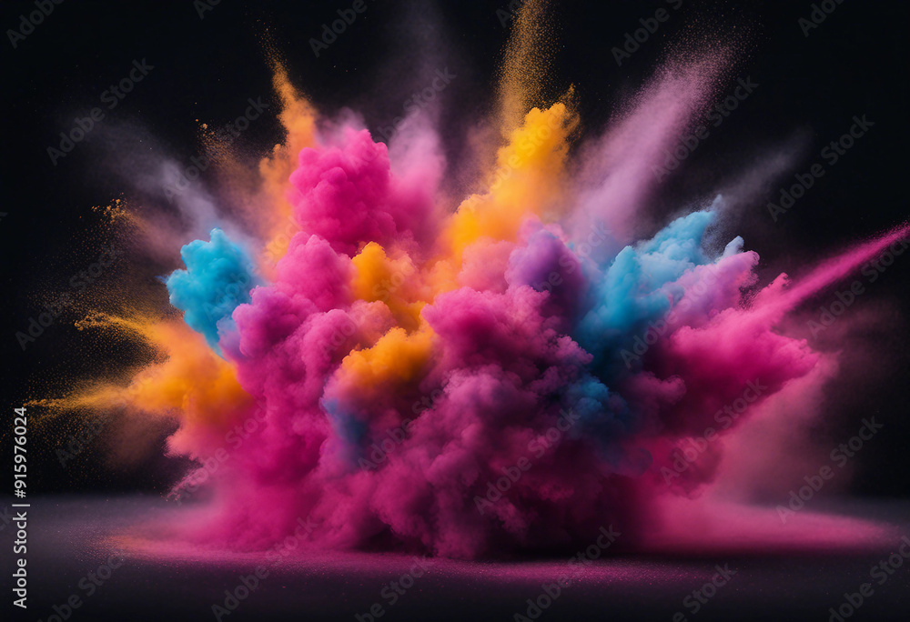 Poster explosion of colored powder isolated on black background abstract colored background isolate on whit