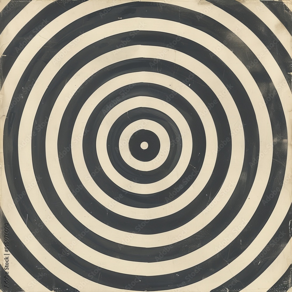 Poster an image with black and white concentric circles on a beige background. the circles are perfectly ce