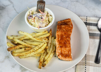 barbecue salmon with home made fries and cole slaw
