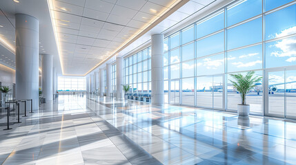 Modern airport terminal interior with large windows and bright lighting.