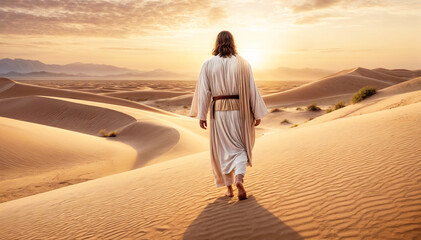 silhouette man Jesus in desert offers redemption and hope to those in need at sunset. softly blurred scene Concept Religious, Redemption, Hope, Jesus, Desert
