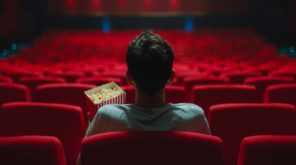 Enjoy a movie with a bucket of popcorn in a dark theater filled with red seats. Watch an action, thriller, or sci-fi film on the screen. See the film from the spectator's point of view.