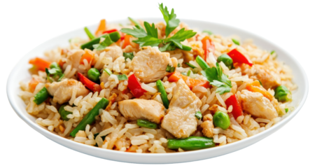 Chicken fried rice with vegetables on a plate, cut out - stock png.