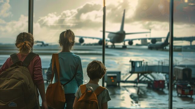 Three children are standing in front of an airplane at an airport