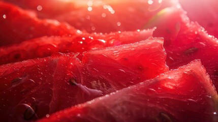 A close-up of a juicy watermelon with water droplets glistening in the light.