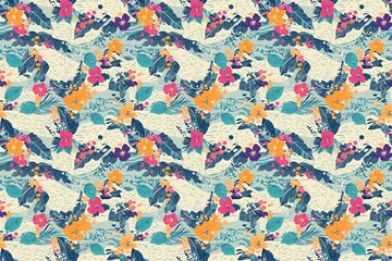 Exotic tropical pattern featuring waves, lush florals, and leaves on a soft background