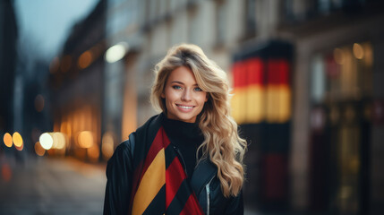 Fototapeta premium German young smiling girl with Germany flag on the city street, Berlin, red, yellow, black colors, national symbol of the country, student, teenager, tourist, person, people, background, architecture