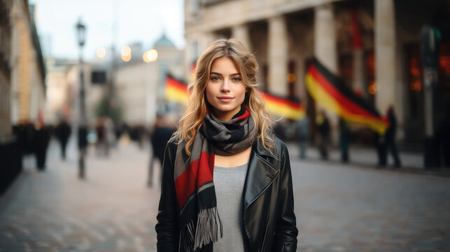 German young smiling girl with Germany flag on the city street, Berlin, red, yellow, black colors, national symbol of the country, student, teenager, tourist, person, people, background, architecture