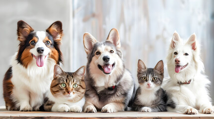 Group of Dogs and Cats Sitting Together in the Style of Intertwining Materials