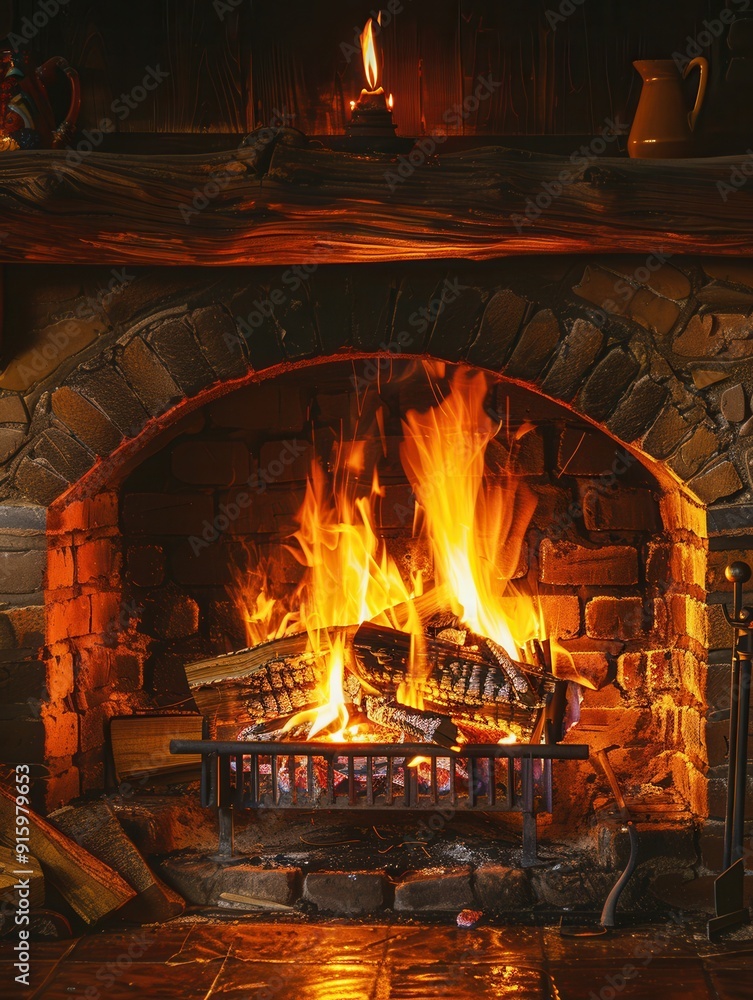 Aufkleber the bright flames dance in a stone fireplace, creating a welcoming atmosphere perfect for relaxation