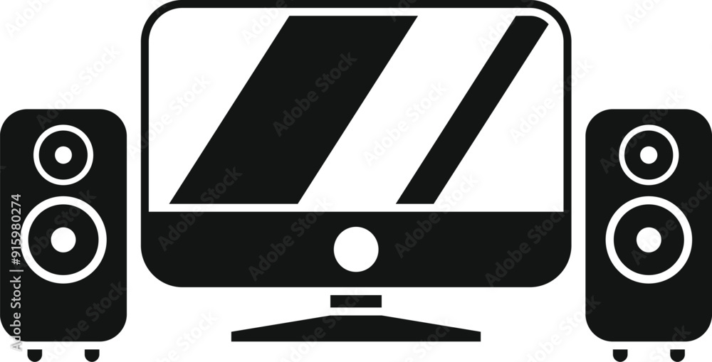 Poster simple icon of a desktop computer with two speakers, useful for illustrating concepts like music pro