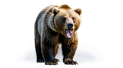 Fototapeta premium a brown bear stands on all fours with its mouth open in a roar