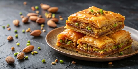 Traditional Tunisian baklava dessert made with layers of filo pastry, nuts, and honey syrup, Tunisian, Baklava, Dessert, Pastry