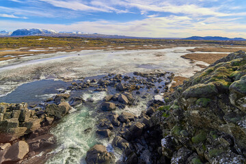 River flowing through volcanic landscape in iceland