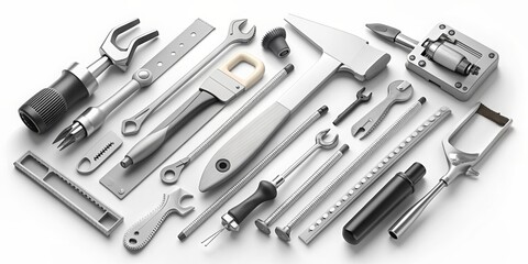 Fototapeta premium Isometric view of monochrome construction tools for repair on white background, repair, construction, tools, maintenance