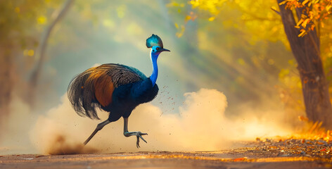 Energetic cassowary bird running at high speed on a dirt road kicking up dust and smoke in a lush tropical forest landscape  The cassowary is a large