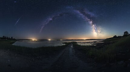 Meteor showers on mountains and lakes, Generative AI