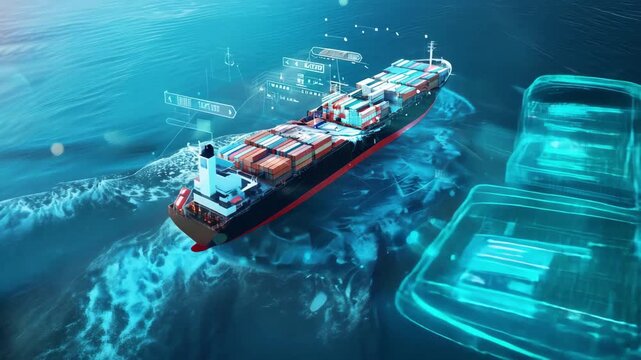 A modern cargo ship navigating through vibrant ocean waters, showcasing advanced technology in maritime logistics and transportation.