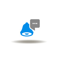Vector illustration of bell with talk speech bubble. Icon of notice, notification. Symbol of emergency preparedness.