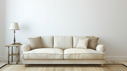Sofa in beige against white wall, with lamp in simple living area.
