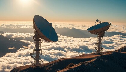 Obraz premium A series of large satellite antennas on a mountaintop, high above the clouds, their surfaces glistening in the early morning light as they scan the heavens, symbolizing link between earth and space.
