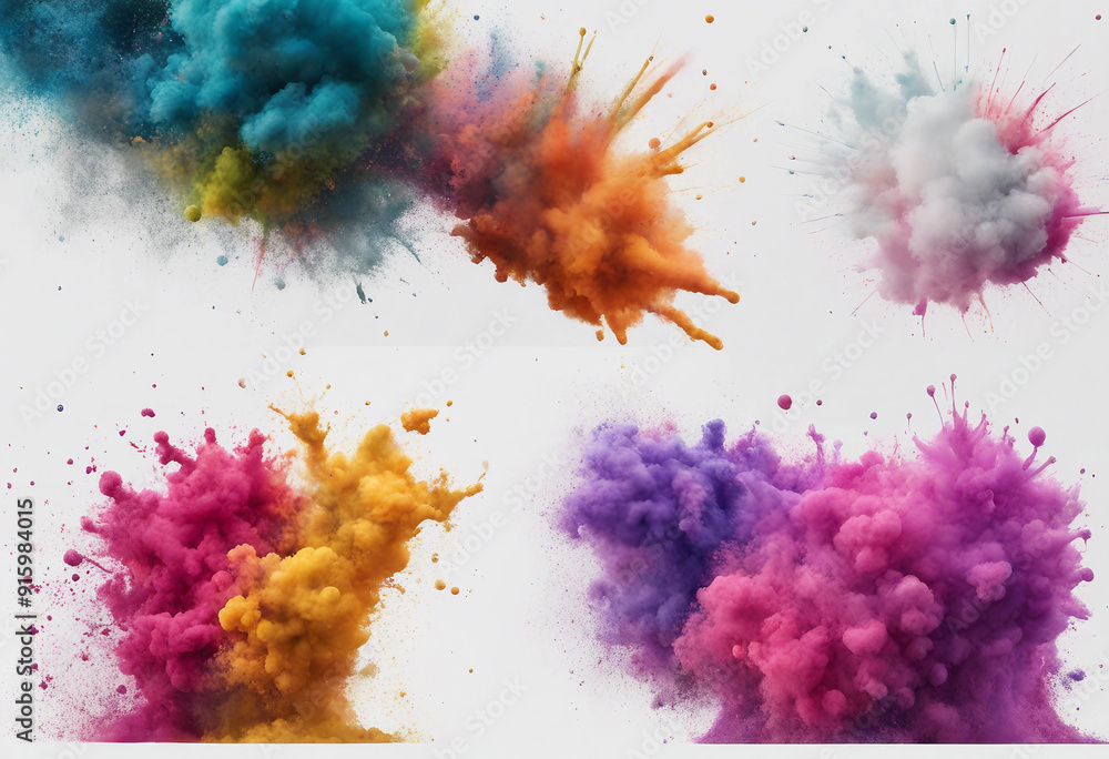 Poster set of abstract explosion of colored powder colorful paint splashes element for design isolated on w